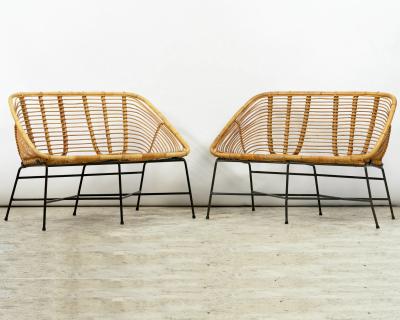 Pair of rattan and lacquered iron bench seats France circa 195