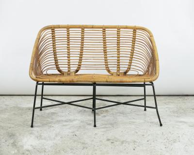 Pair of rattan and lacquered iron bench seats France circa 195