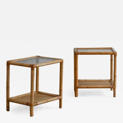 Pair of rattan bedside tables with rattan fabric and glass shelves Italy 1980