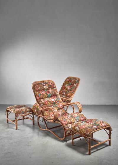 Pair of rattan lounge chairs with ottomans