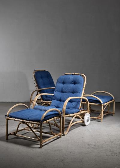 Pair of rattan lounge chairs with ottomans