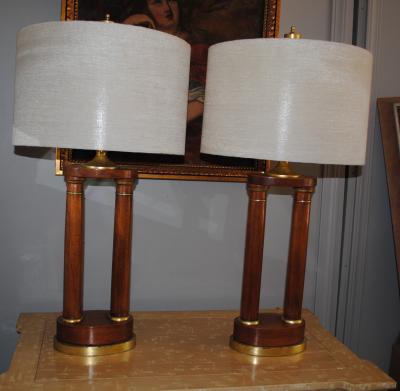 Pair of regency walnut pillar table lamps