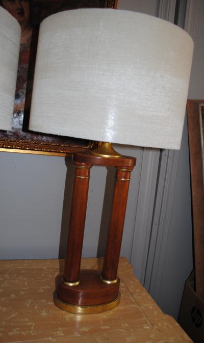 Pair of regency walnut pillar table lamps