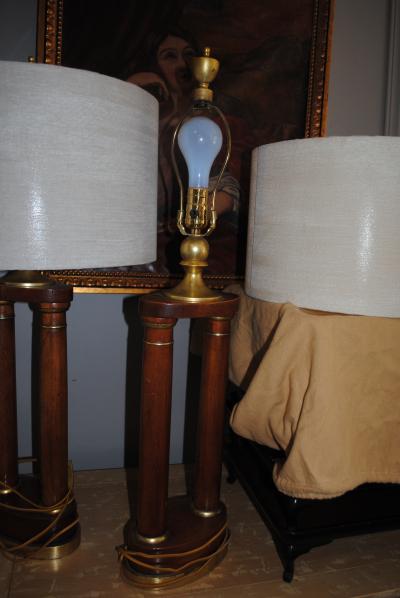 Pair of regency walnut pillar table lamps