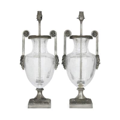 Pair of silvered bronze and cut glass urn lamp bases in the French Empire style