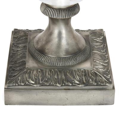 Pair of silvered bronze and cut glass urn lamp bases in the French Empire style