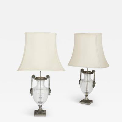 Pair of silvered bronze and cut glass urn lamp bases in the French Empire style