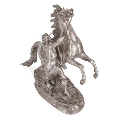 Pair of silvered bronze models of the Marly horses after Guillaume Coustou