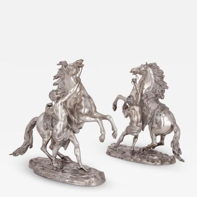 Pair of silvered bronze models of the Marly horses after Guillaume Coustou