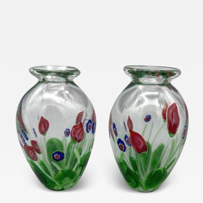 Pair of small blown glass vases with murine inclusions Murano Italy circa 1980