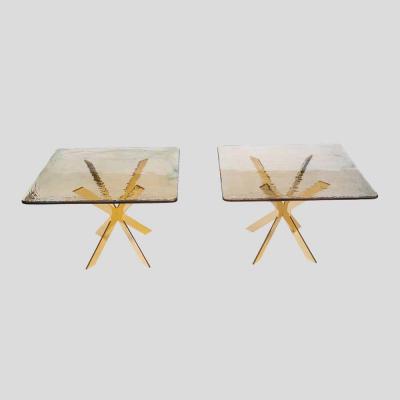 Pair of smoke amber glass gold plated metal base side tables