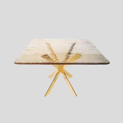 Pair of smoke amber glass gold plated metal base side tables