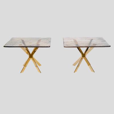 Pair of smoke amber glass gold plated metal base side tables