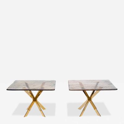 Pair of smoke amber glass gold plated metal base side tables