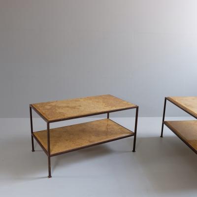 Pair of steel side tables with sienna marble tops Italy