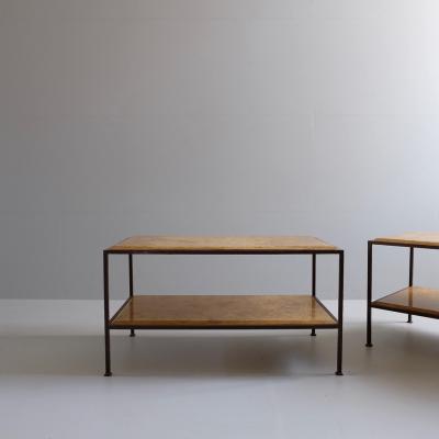 Pair of steel side tables with sienna marble tops Italy