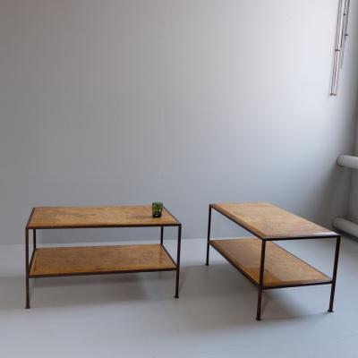Pair of steel side tables with sienna marble tops Italy