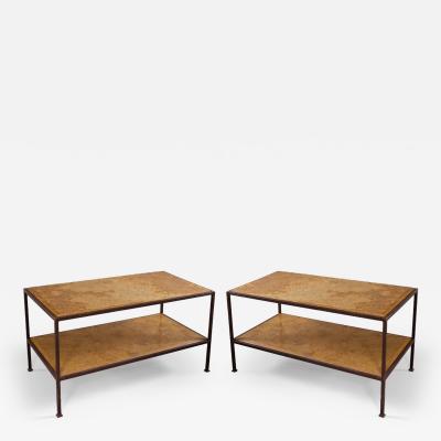 Pair of steel side tables with sienna marble tops Italy