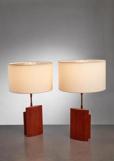 Pair of table lamps with two ellipsoid wood parts and brass stem Denmark 1960s