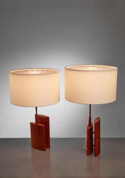 Pair of table lamps with two ellipsoid wood parts and brass stem Denmark 1960s
