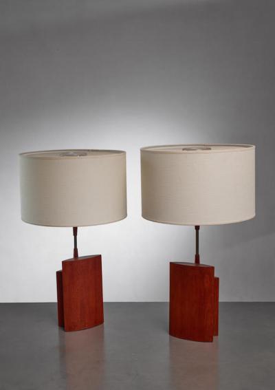 Pair of table lamps with two ellipsoid wood parts and brass stem Denmark 1960s
