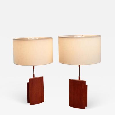 Pair of table lamps with two ellipsoid wood parts and brass stem Denmark 1960s