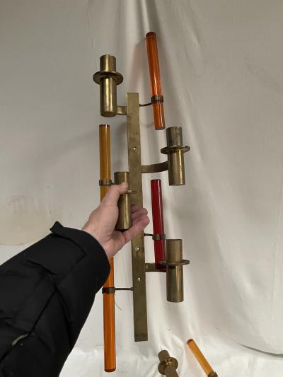 Pair of tall 1970s brass and lucite sconces