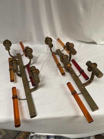 Pair of tall 1970s brass and lucite sconces