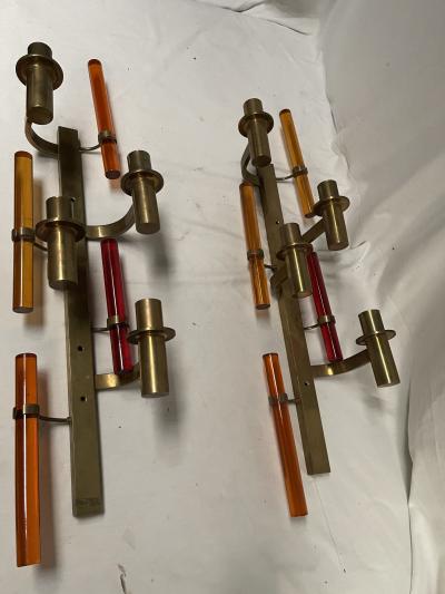 Pair of tall 1970s brass and lucite sconces