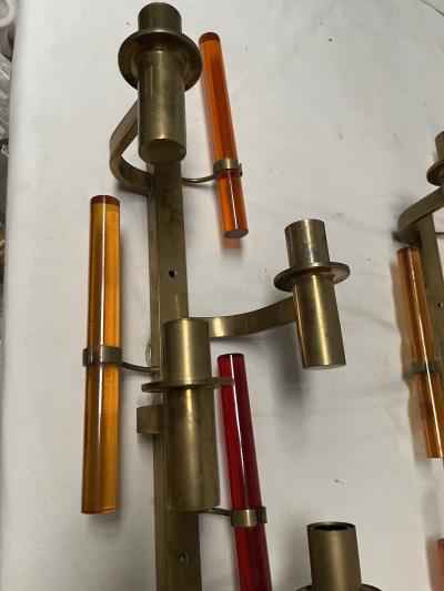 Pair of tall 1970s brass and lucite sconces