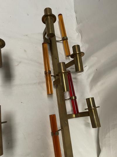 Pair of tall 1970s brass and lucite sconces