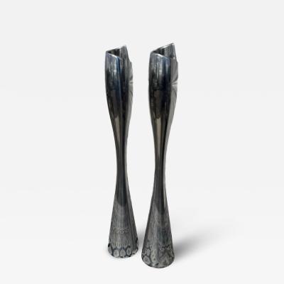 Pair of tall Nambe Polished Aluminum Candleholders