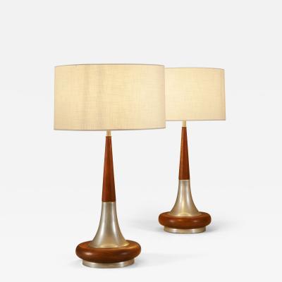 Pair of tall mid century modern American walnut and brass table lamps