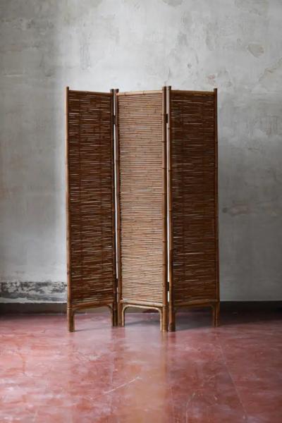 Pair of three panel rattan screens 1980