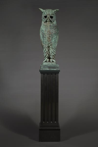 Pair of verdigris bronze and copper sculptures of standing great horned owls
