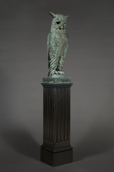 Pair of verdigris bronze and copper sculptures of standing great horned owls
