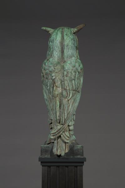 Pair of verdigris bronze and copper sculptures of standing great horned owls