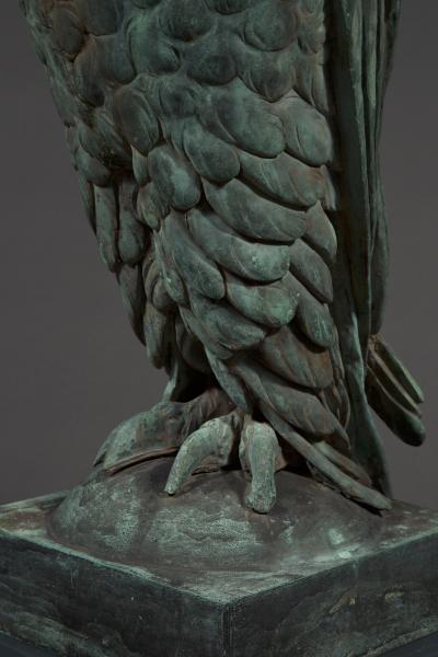 Pair of verdigris bronze and copper sculptures of standing great horned owls