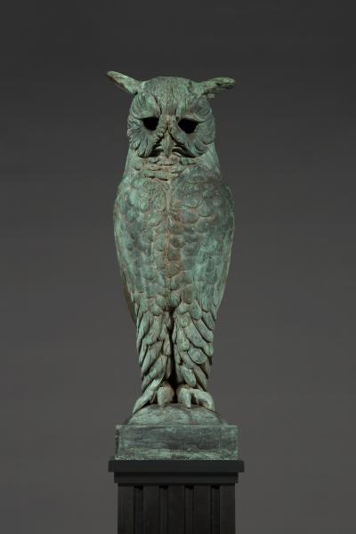 Pair of verdigris bronze and copper sculptures of standing great horned owls