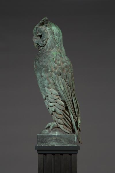 Pair of verdigris bronze and copper sculptures of standing great horned owls