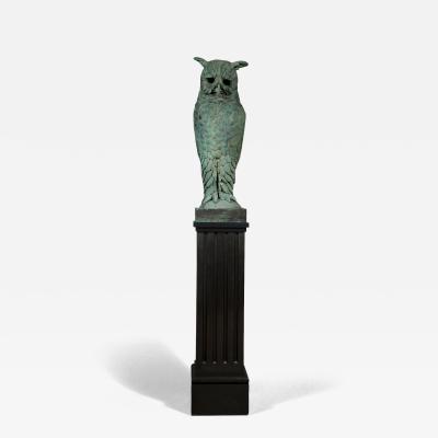 Pair of verdigris bronze and copper sculptures of standing great horned owls