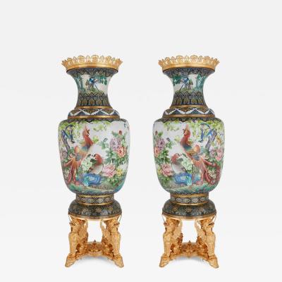 Pair of very large Chinese cloisonn enamel vases with French ormolu mounts