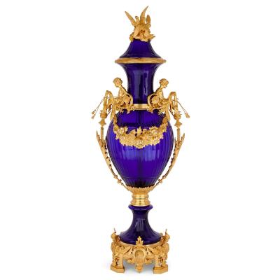 Pair of very large French blue glass and ormolu vases