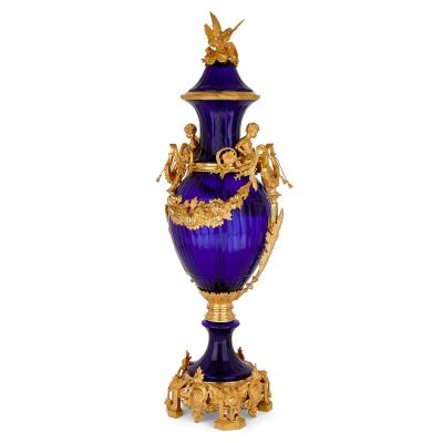 Pair of very large French blue glass and ormolu vases