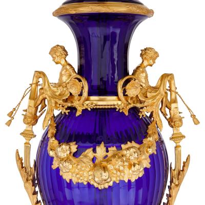 Pair of very large French blue glass and ormolu vases