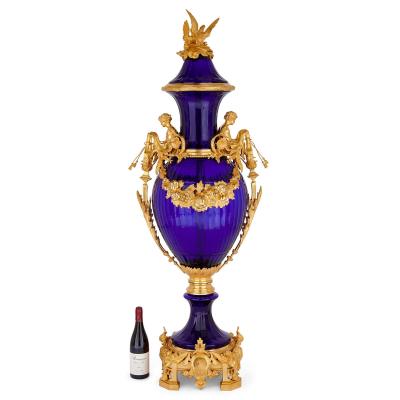Pair of very large French blue glass and ormolu vases