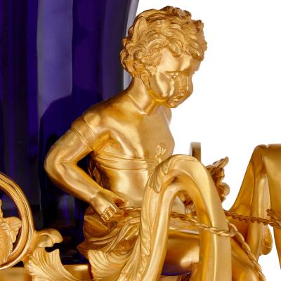 Pair of very large French blue glass and ormolu vases