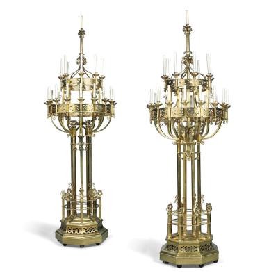 Pair of very large French brass candelabra in the Gothic Revival style