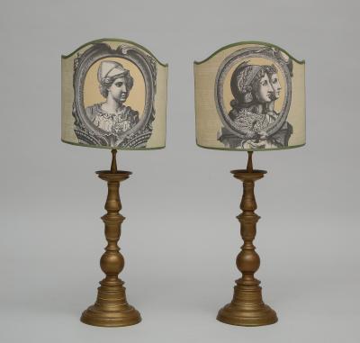 Pair of vintage brass pricket candlestick lamps with TImney Fowler shades