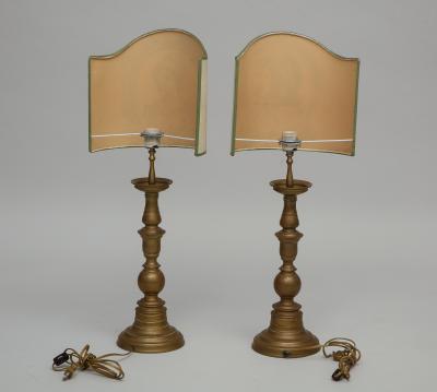 Pair of vintage brass pricket candlestick lamps with TImney Fowler shades